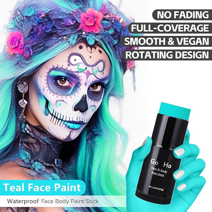 Go Ho Cream-Blendable Teal Face Paint Stick,Full-coverage Teal Body Paint Stick for Halloween Cosplay SFX Makeup,Waterproof Teal Body Paint Stick