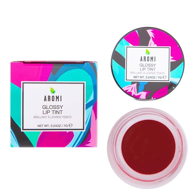 Aromi Glossy Lip Tint in Pot – Shimmery, Hydrating Lip Gloss Color, Metallic, Dark Red Maroon Shade, Vegan & Cruelty-free, Moisturizing, Non-Sticky Formula (Royal Red)