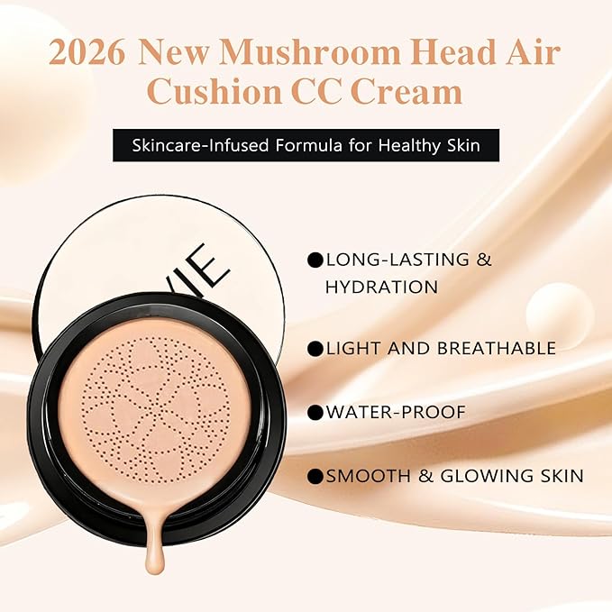 Luvie Glow Foundation Cushion, Mushroom Head Air Cushion CC Cream Foundation, Full Coverage Foundations for Mature Skin, BB Cream for All Skin Types (Warm, 0.64OZ)