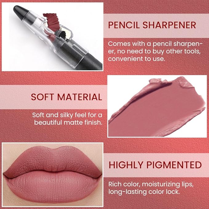 Dusty Pink Matte Lip Liner Crayon with Sharpener - Waterproof Smudgeproof Long-Wear Lip Pencil, Creamy Pigmented Lip Crayon for Women, 12HR Stay Silky Velvet Lip Liner 10#