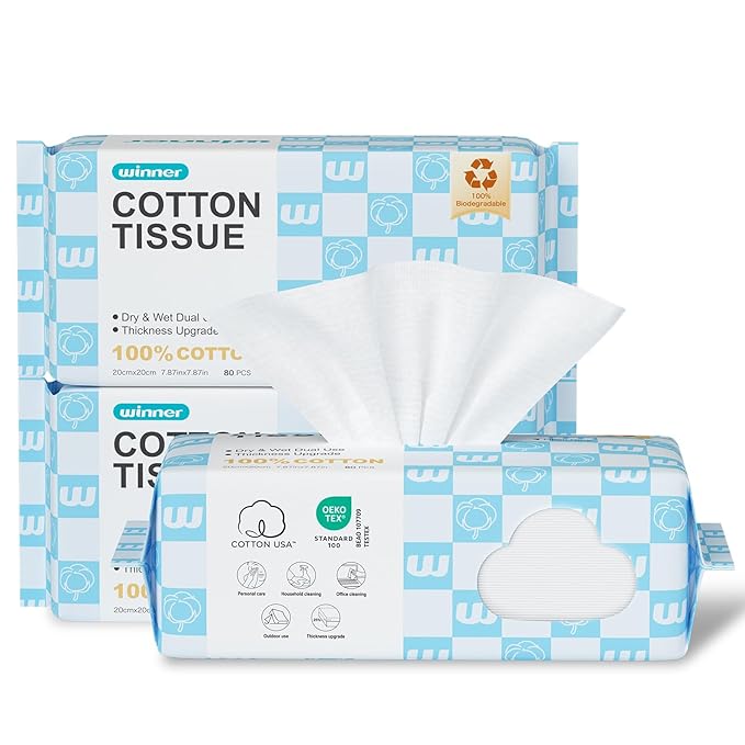 Winner Soft Face Towels, Upgraded Thicker 100% Cotton Dry Wipes, Unscented and Gentle on Sensitive Skin, Disposable Makeup Remover and Facial Towelettes (240 Count, Pack of 3)