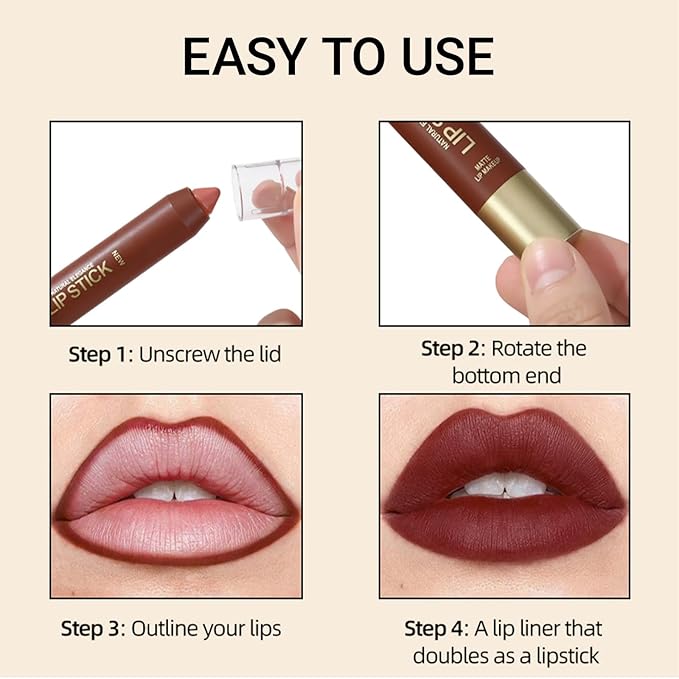 Erinde Matte Lipstick Crayon for Women, Dark Purple Brown 24 Hour Lipstick Lip Liner Pencil, Neutral Lip Stick Long Lasting Waterproof, Vegan & Cruelty-Free, 06