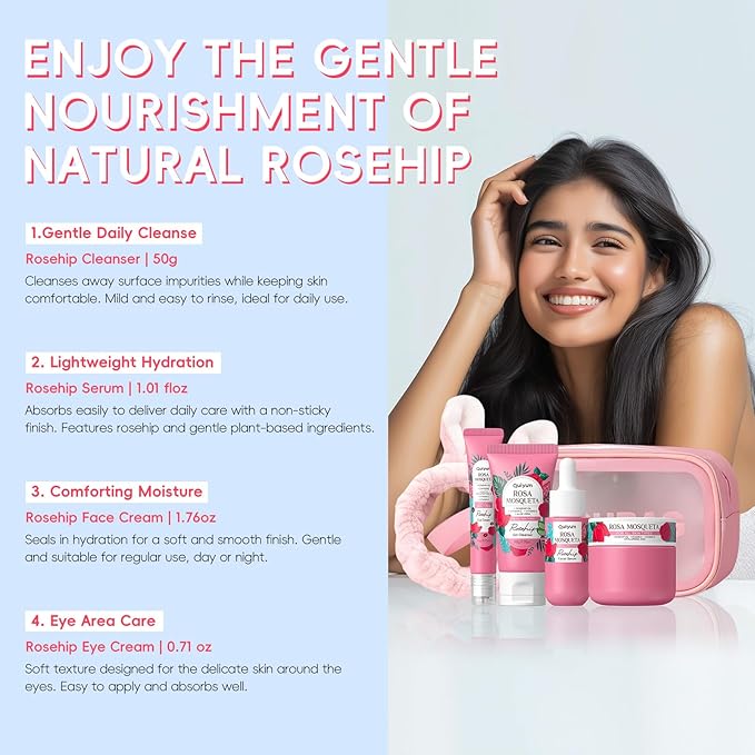 Rosehip & Vit-E Skin Care Sets for Women, Nourishes, Resists Oxidation, Promotes Collagen Production, Refine Skin Texture, Enhances Skin Elasticity, Skincare Gift Sets, for Dry Skin Type, 4PCS