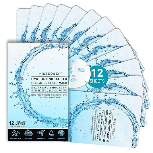 MISSEDSEN Collagen Face Mask with Hyaluronic Acid, Vitamin E Oil for Skin Care Hydrating, Moisturizing, Brightening & Anti Aging Face Masks Skincare for Oil, Dry, Acne, Sensitive All Skin Types 12PCS