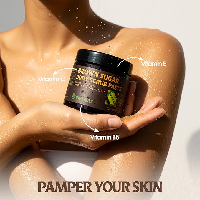 VIETNAT Exfoliating Brown Sugar Body Scrub with Coconut Shreds, Vitamins C, E & B5 – Softens & Refreshes Look of Skin – 8.8 oz