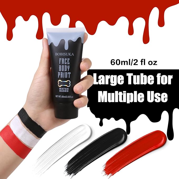 BOBISUKA Black + White + Red Face Body Paint Kit, Water Based Face Painting for Halloween Clown Skeleton Joker Zombie Mime Sugar Skull Makeup for Women Adults, Non-Toxic Washable