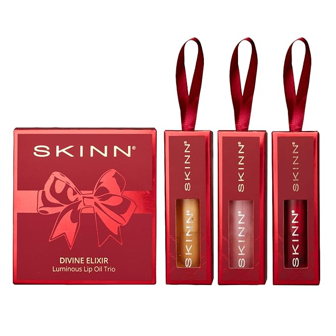 SKINN Holiday Trio Bundle Luminous Lip Oil (Crimson Blush, Golden) - Red Holiday Box
