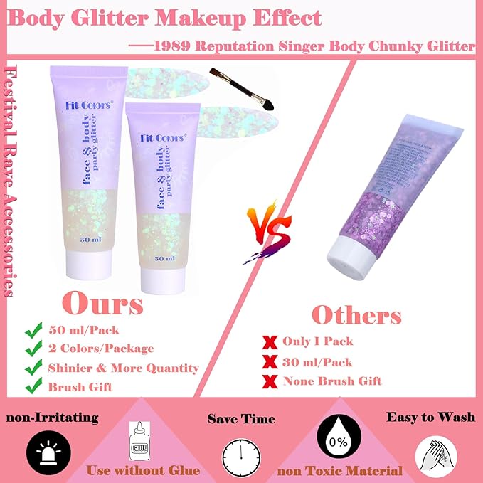 Body Glitter Face Glitter Gel: Singer Concerts Disco Festival Rave Accessories Face Glitter Makeup 100ml Chunky Sequins Mermaid Face Body Hair Glitter Gel (2 White)