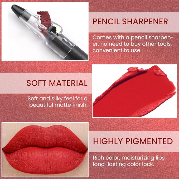 True Red Matte Lip Liner Crayon with Sharpener - Waterproof Smudgeproof Long-Wear Lip Pencil, Creamy Pigmented Lip Crayon for Women, 12HR Stay Silky Velvet Lip Liner 04#