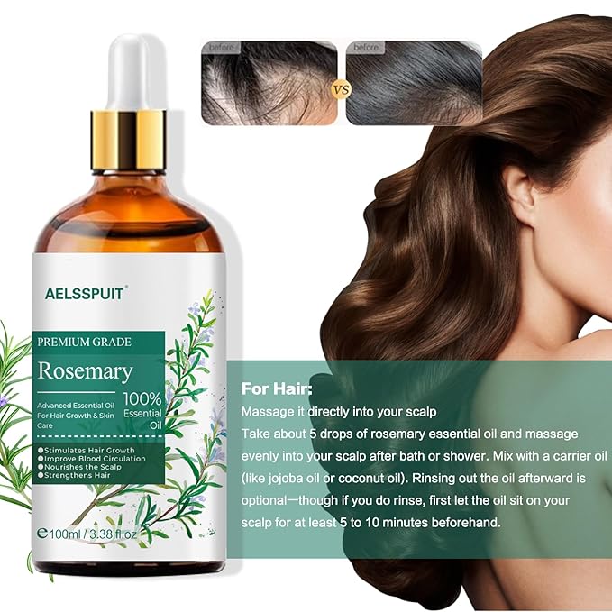 GOSNLDOW Rosemary Essential Oil for Hair Growth & Scalp Care - 3.38 Fl Oz (100ml) 100% Pure Organic Cold Pressed Oil in Glass Bottle - Aromatherapy Diffuser, Skin & Nail Treatment(Large, Rosemary)