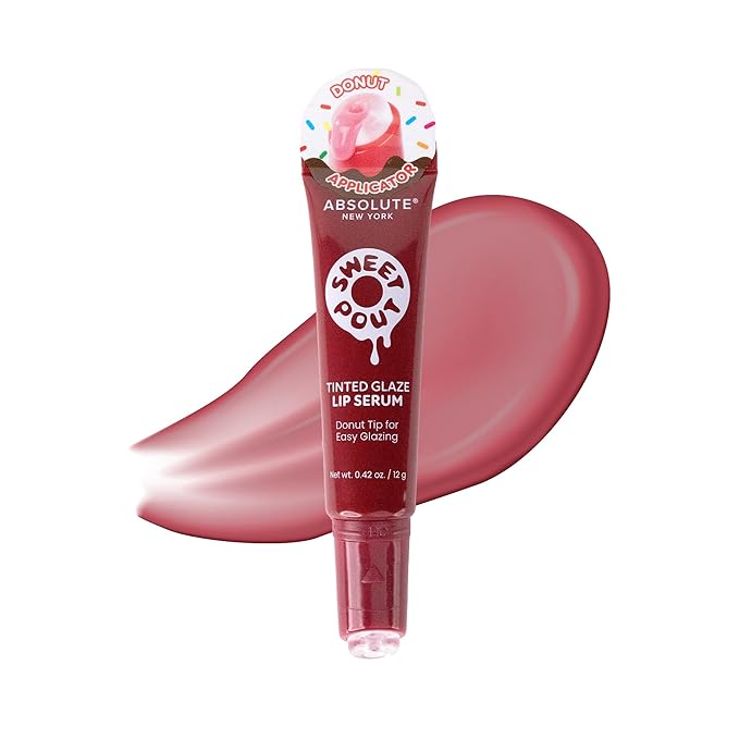 Absolute New York Sweet Pout Tinted Glaze Lip Serum, Donut Tip Applicator, Hydrating Formula with Peptides, Vitamin E and Jojoba Seed Oil (Blueberry Jam)