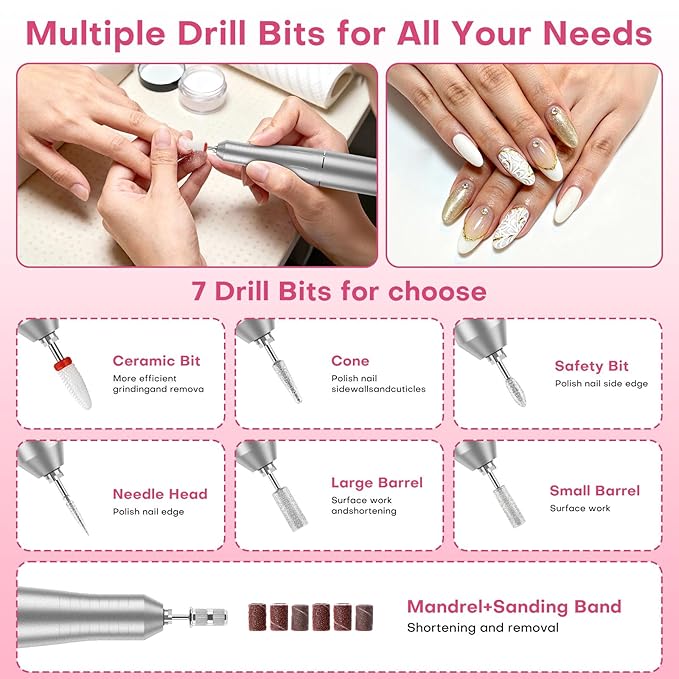 Electric Nail Drill Professional: Rechargeable Nail File with Bits for Acrylic Gel Nails, Professional Nail Drill Manicure Pedicure Polishing Shape Tools for Home Salon (White)