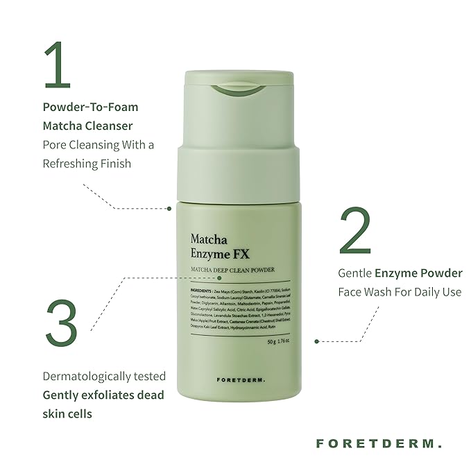 FORETDERM Matcha Enzyme FX Powder-To-Foam Cleanser, Enzyme Face Wash With Matcha Extract, Hydrating Korean Facial Cleanser For Daily Use, Water-Based Fragrance Free Formula, All Skin Types, 1.76oz