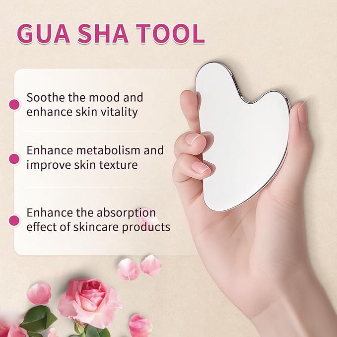 Vitamin E Rose Oil & Stainless Steel Gua Sha Facial Tools Set, Gua Sha & Vitamin E Oil for Face & Body, Moisturizing Skin, Relieving Muscle Fatigue & Improving Skin Elasticity