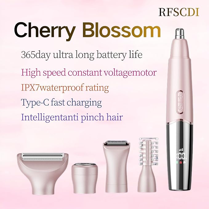 5-in-1 Rechargeable Nose & Facial Hair Trimmer - IPX7 Waterproof Dual Edge Grooming Kit for Men & Women, Perfect for Hair Removal of Nose, Eyebrows, Arm, Bikini, and Ear Hair (Pink)