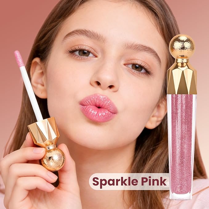 Shimmering Lip Gloss, High-Shine Moisturizing Lip Oil for Plumping, Non-Sticky Sparkling Lip Glow Oil, Long Lasting Hydrating Lip Balm for Dry Lips, Ultra-Glossy Finish(04#Sparkle pink)