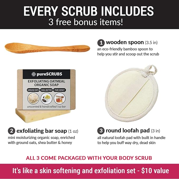 pureSCRUBS Premium Vanilla Brown Sugar Scrub | Face, Feet & Full Body Scrub | Large 16oz Jar Includes Wooden Spoon, Loofah & Mini Exfoliating Bar Soap