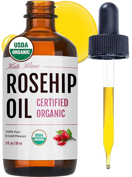Kate Blanc Cosmetics Rosehip Oil for Face & Softer Glowing Skin (1oz, Organic, 100% Pure, Cold Pressed) Rosehip Seed Face Oil for Facial & Gua Sha Massage