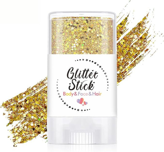 Gold Body Glitter Stick, Sparkling Holographic Sequins Neon Outfit Party Rave Accessories Hair and Body Glitter Gel Makeup.