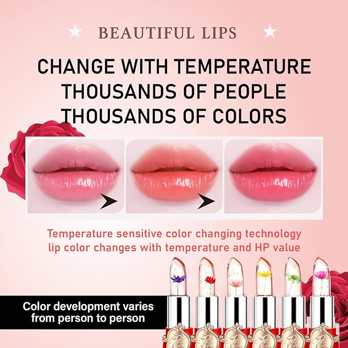 firstfly 6 Pcs/Set Flower Jelly Lipstick, Transferproof Color Change Lip Goss Moisturizer Long Lasting Nutritious Balm, Magic Temperature Change Clear ph Lipstick for Women (Red)