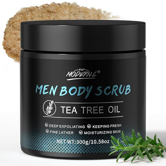Men Body Scrub with Tea Tree Oil Exfoliating Body Scrub for Men Improve Odor Smooth Rough Skin Body Exfoliator Scrub for Back Chest Shoulders Butt Legs Mens Exfoliating Body Wash with 2% BHA 10% AHA