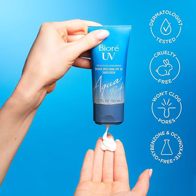 Biore UV Aqua Rich SPF 30 PA+++ Daily Moisturizer Sunscreen for Face, For Sensitive Skin, Oil Free, Hyaluronic Acid, Vegan, Oxybenzone & Octinoxate Free, Dermatologist Tested, 1.7 Oz/3pk