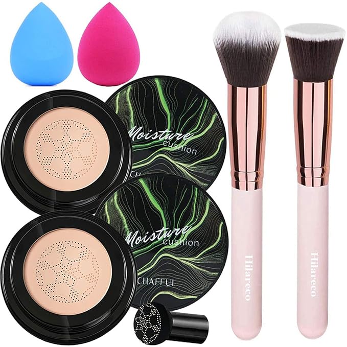 2 PCS Mushroom Head Air Cushion CC Cream Nature Foundation,Foundation Brush Powder Brush,Moisturizing Concealer, Bright Makeup Base Long Lasting with Mushroom Makeup Sponge(#02 Natural)