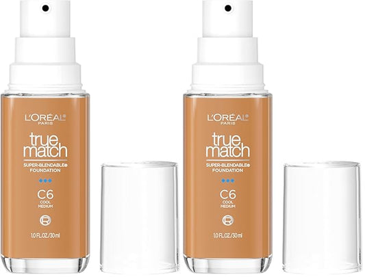 L'Oreal Paris True Match Super-Blendable Foundation, Medium Coverage Liquid Foundation Makeup, C6, Medium, 1 Fl Oz (Pack of 2)
