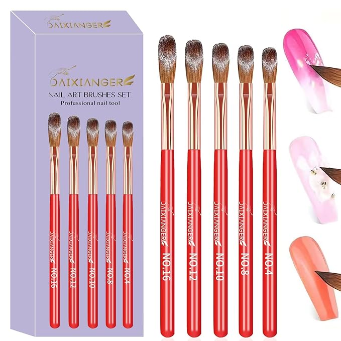 DAIXIANGER 5Pcs New Year Acrylic Nail Art Brush Set -Size 4/8/10/12/16, Red Handle Nail Brushes for Acrylic Application Powder & Nail Extension, 3D Nail Carving Tools for DIY Home Salon Manicure