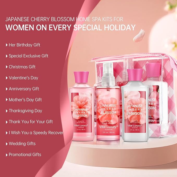Vital Luxury Bath and Body Gift Set for Women and Girls, Japanese Cherry Blossom Spa Set With Natural Extracts-Shower Gel, Body Lotion, Body Mist, Body Care Travel Set for Birthday Mother's Day Gifts