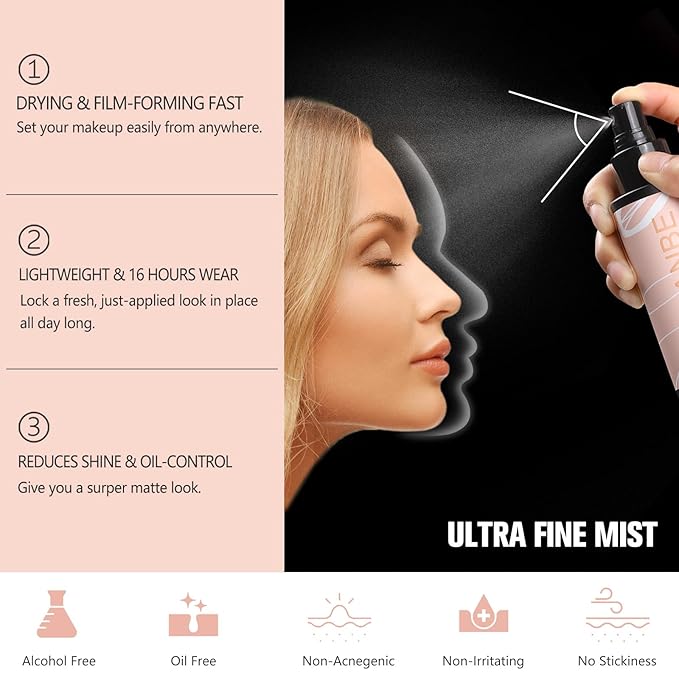 UCANBEMAKEUP Long Lasting Makeup Setting Spray Kit - 3.38 Fl oz Super Matte Finish Setting Mist Lightweight Face Make up Fixer for Oily Skin + 1PC Sponge Puff + 1PC Powder Puff