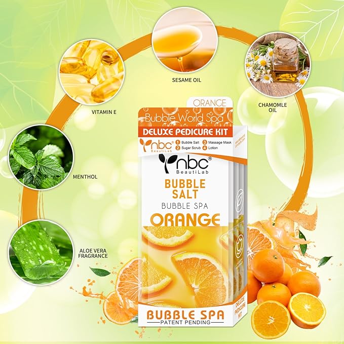 Pedicure Kit Foot Soak Set: Bubble Salt, Sugar Scrub, Massage Mask, Massage Lotion in a Box, 4 Step Foot Spa Kit for Dry Feet, Softens Calluses and Tired Feet（1 Set Orange)