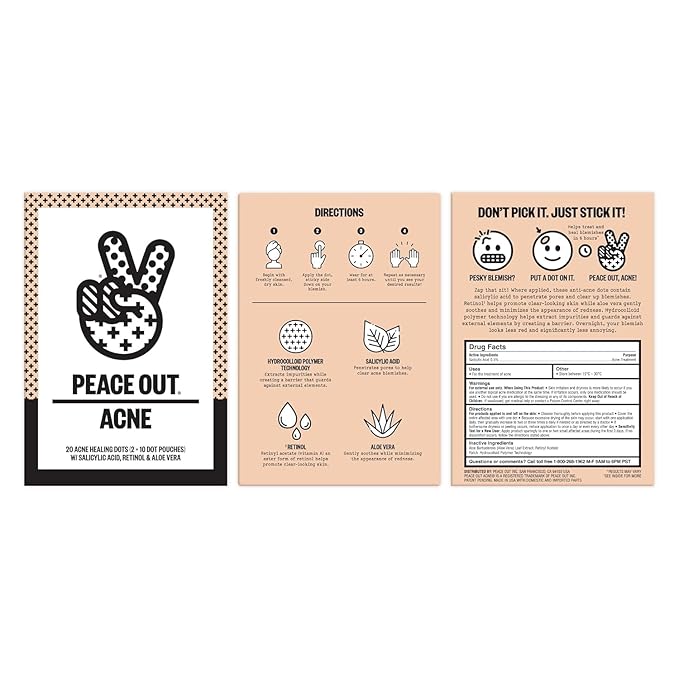 PEACE OUT Skincare Acne Dots, Hydrocolloid Pimple Patches Help Clear Blemishes Overnight, Award Winning Fast Acting Anti-Acne Solution (20 dots)