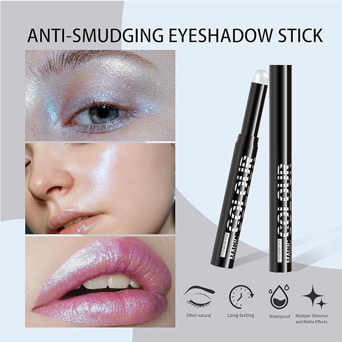 Glitter Cream Eyeshadow Stick, Blue Holographic Eye Shadow Stick, Long-Lasting and Blendable High Pigmented Single Eyeliner Makeup for Women, 19 Blue Aurora