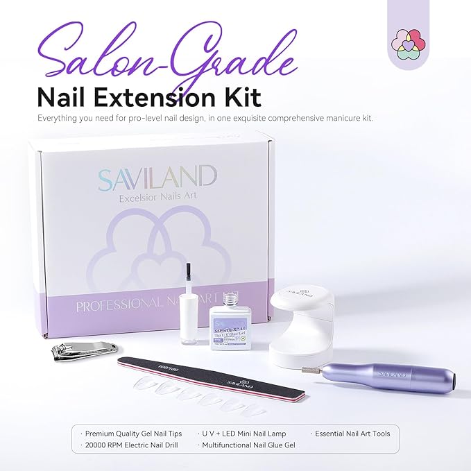 SAVILAND Advanced Gel Nail Kit: Salon Grade Nail Kit with Portable Light Short Coffin Nail Tips 500 Pcs 12 Sizes 30 Days Long-Wear Nail Kit Acrylic Set with U V Nails Glue Nail Lamp Drill DIY At Home