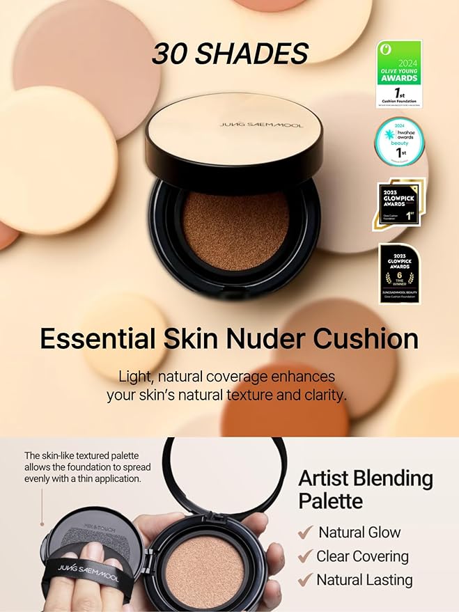 JUNG SAEM MOOL Essential Skin Nuder Cushion 19N N-Light 0.49 Fl Oz, No Refill, Natural Radiant Finish Cushion Foundation, Lightweight Hydrating Formula, Korean Foundation Makeup