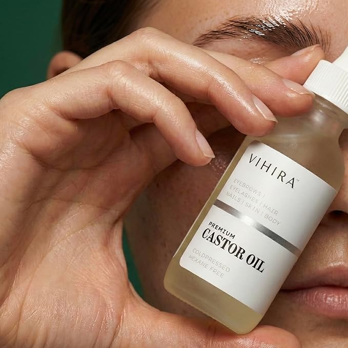 Vihira Organic Golden Castor Oil (2 Fl Oz | Premium Grade), True Cold Pressed, 100% Pure, Extra Virgin, Hexane Free, for Hair, Eyelash, Eyebrow, Cuticles, Nails, Skin, Belly Button & More.