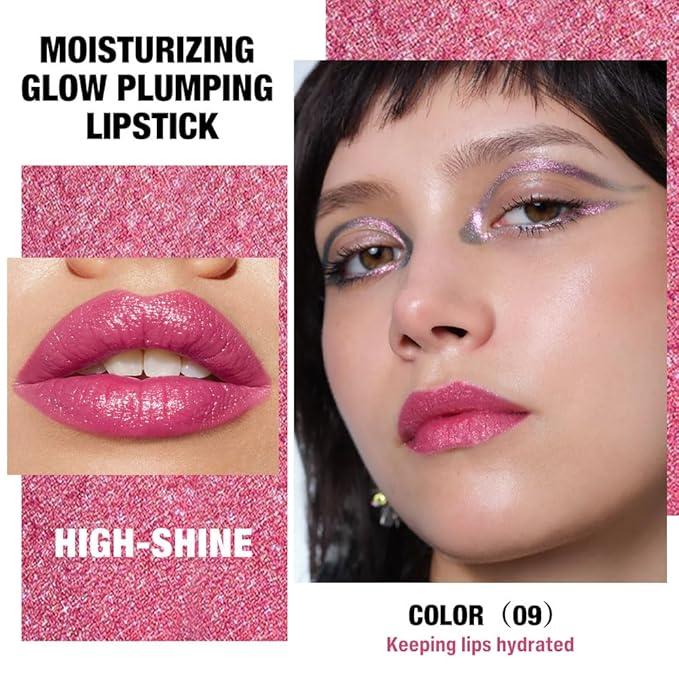 Pink Shimmer Metallic Moisturizing Glow Plumping Lipstick Makeup, Lipstick with Metallic 3D Shine Lightweight Hydrating Formula, Glitter Lip Gloss Stain Long Lasting Waterproof Smudge Proof (09#Pink)