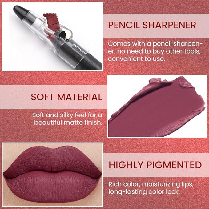 Purple Brown Matte Lip Liner Crayon with Sharpener - Waterproof Smudgeproof Long-Wear Lip Pencil, Creamy Pigmented Lip Crayon for Women, 12HR Stay Silky Velvet Lip Liner 15#
