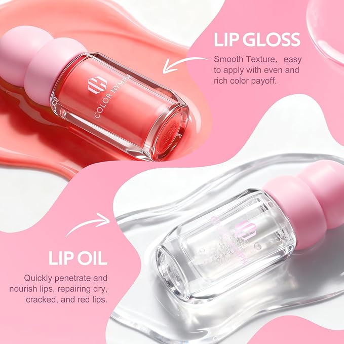 Color Nymph 2-in-1 Lip Oil & Lip Gloss Set, Nourishing Hydrating Lip Makeup, Non-Sticky Glossy Finish, Lip Care for Daily Use, Orange Ocean