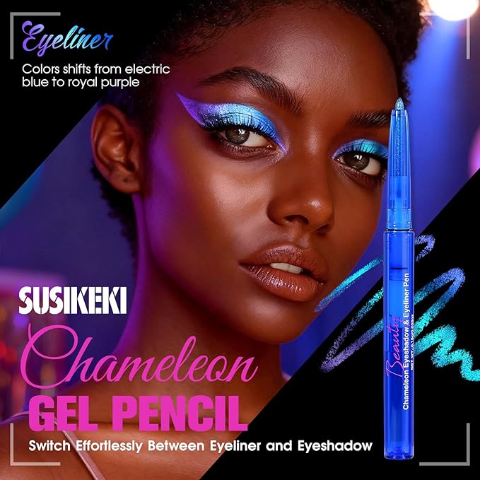 Chameleon Metallic Eyeshadow & Eyeliner Gel Pencil – Multichrome Shifting Colors Glitter Eye Makeup, Waterproof Long-Lasting Smudge-Proof Duochrome Pencil (Electric Blue to Royal Purple)