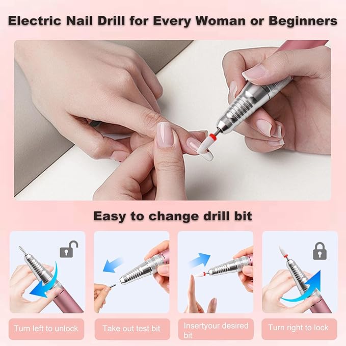 Electric Nail Drill with Brushless Motor, 40000RPM Professional Cordless Nail File for Acrylic & Gel Removal - Rechargeable Manicure & Pedicure Kit with 12 Bits for Home and Salon Use (Blue)