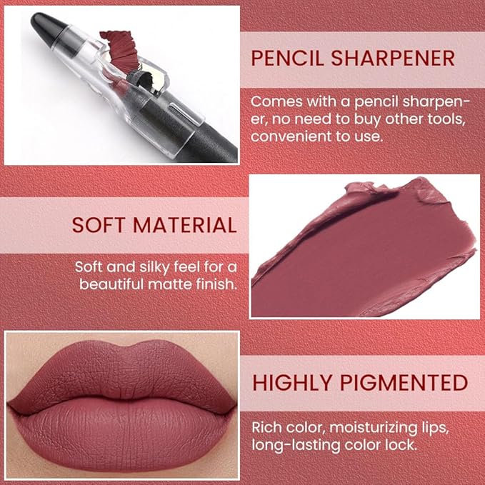 Mauve Matte Lip Liner Crayon with Sharpener - Waterproof Smudgeproof Long-Wear Lip Pencil, Creamy Pigmented Lip Crayon for Women, 12HR Stay Silky Velvet Lip Liner 20#