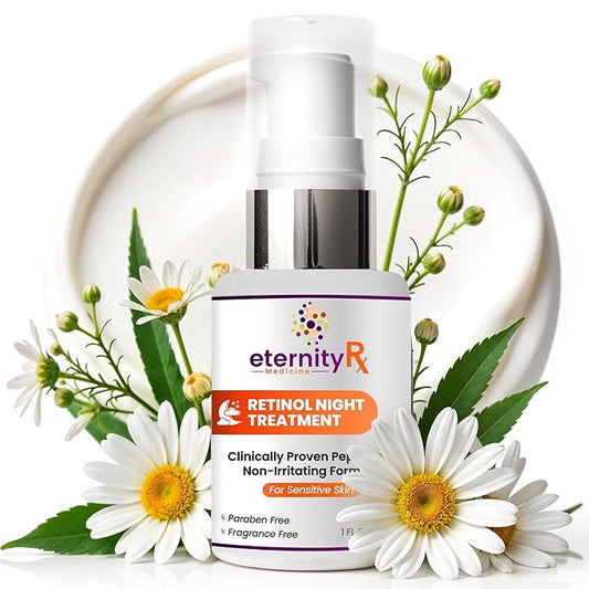 Retinol Night Cream with Vitamin A, Matrixyl 3000, Vitamin C & Daisy Extract – Anti-Aging Night Treatment for Fine Lines, Skin Tone & Wrinkles – Non-Irritating – by Eternity Medicine 1oz
