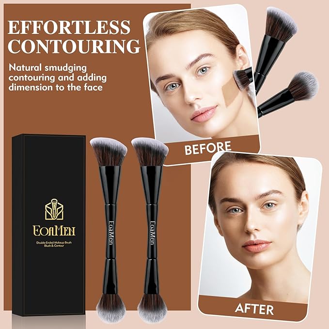 Blush Brush, Dual-Ended Foundation Makeup Brush for Contouring, Blending, and Bronzing(Angled & Round), Angled Contoured for Flawless Face Foundation, Vegan & Cruelty-Free
