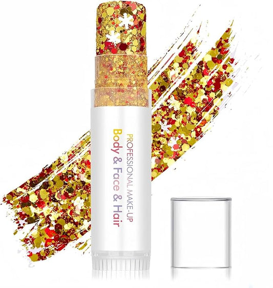 Body Glitter Stick, Sparkling Neon Outfit Holographic Sequins Glitters for Eye Lip Hair Nails Face and Body Glitter Gel Makeup (Gold &White& Red)