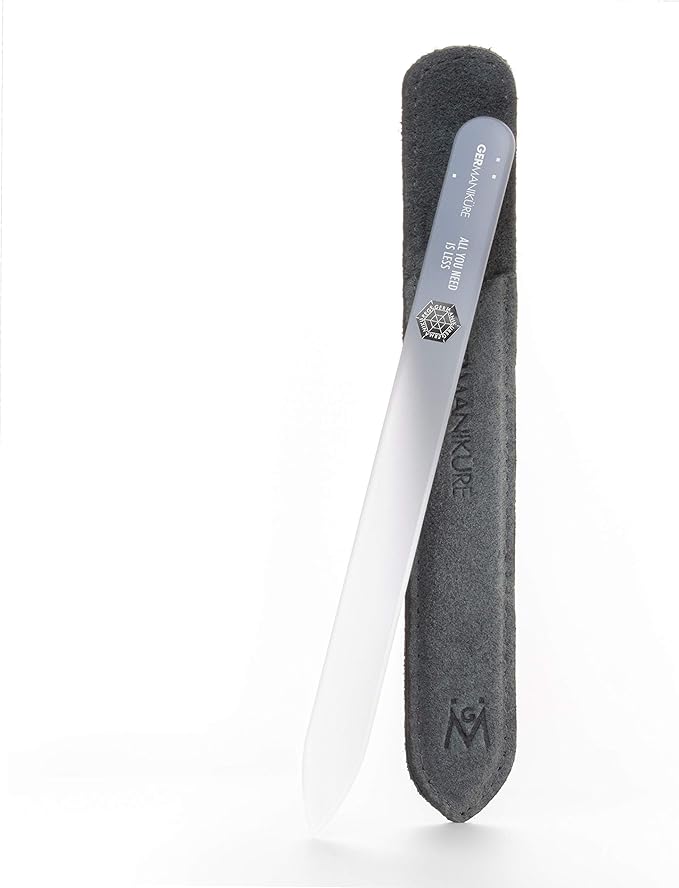 GERMANIKURE Glass Nail File in Suede Sleeve - All You Need is Less - Professional Crystal Nail File for Natural Nails - Ideal Manicure & Pedicure Tool for Smooth, Easy Shaping - Nail Care Gift
