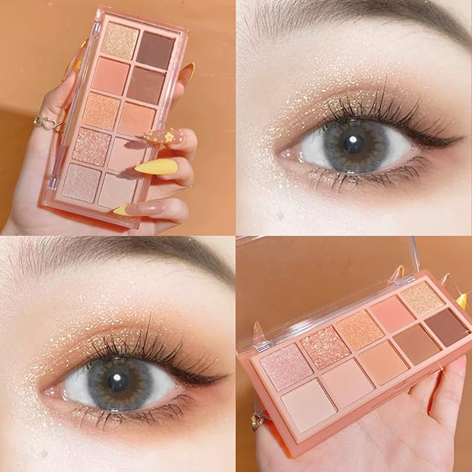 Erinde 10 Colors Eyeshadow Palette Makeup - Matte Shimmer Glitter Eye Shadow, Ultra-Blendable, High Pigmented, Naturing-Looking, Neutral Nude Eyeshadow Pallet with Professional Brush, Peach Color