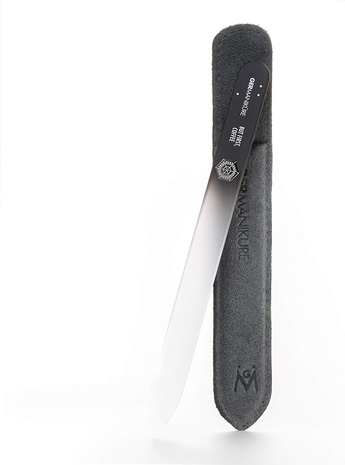 GERMANIKURE Glass Nail File in Suede Sleeve - But First Coffee - Professional Crystal Nail File for Natural Nails - Ideal Manicure & Pedicure Tool for Smooth, Easy Shaping - Nail Care Gift