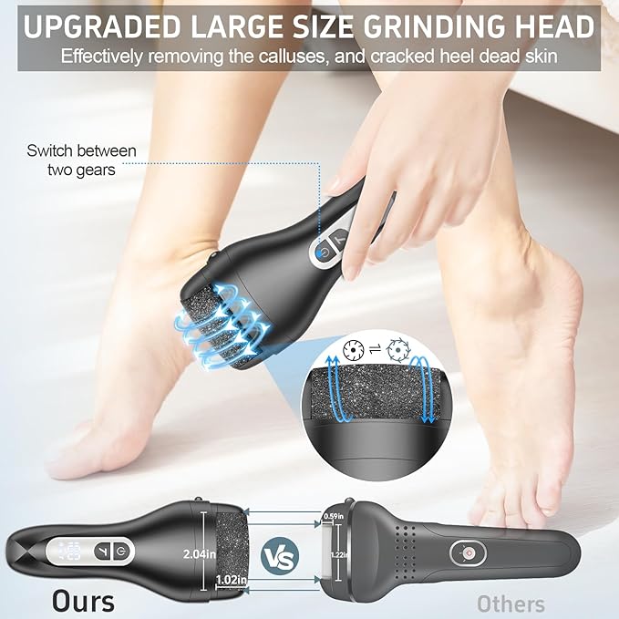 AdamPark Electric Foot File Callus Remover, Rechargeable Pedicure Tools Foot Care Kit, Portable Callus Remover Kit with 3 Roller Heads,2 Speed,Battery Display (Black KW)
